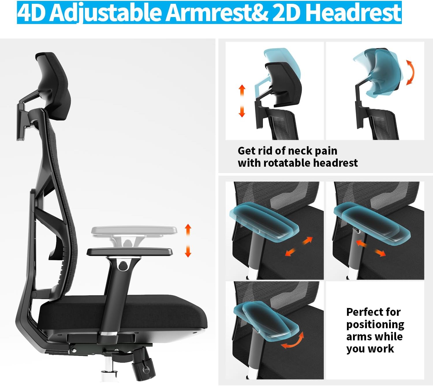 HOLLUDLE Ergonomic Office Chair with Adjustable Backrest, Computer Chair with 4D Armrests, Adjustable Seat Depth, Lumbar Support and 2D Headrest, Task Chair, White