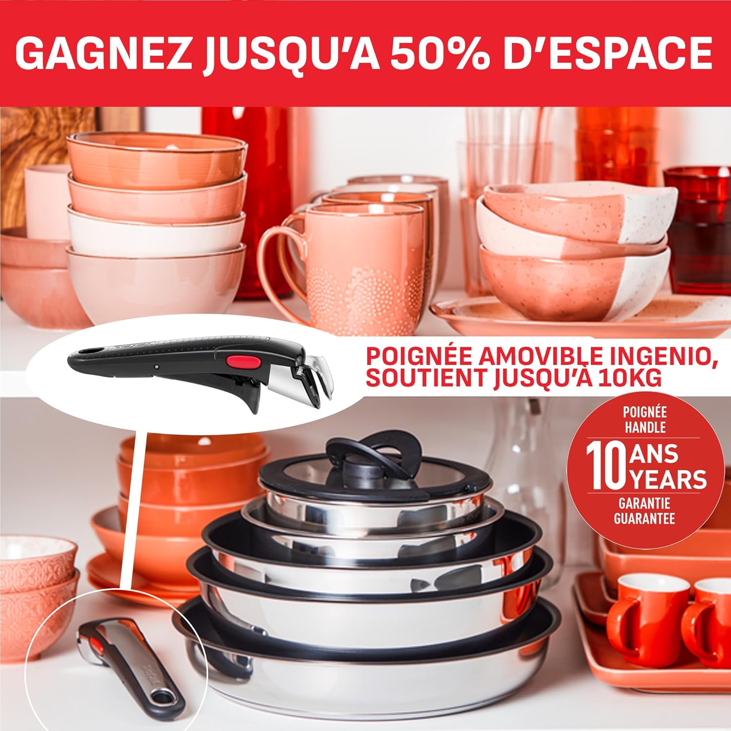 Tefal Ingenio Batterie de cuisine 20 pièces, Poêles, Casseroles, 2 poignées amovibles, Induction, Revêtement antiadhésif, Empilable, Compatible lave-vaisselle, Emotion L897SK04