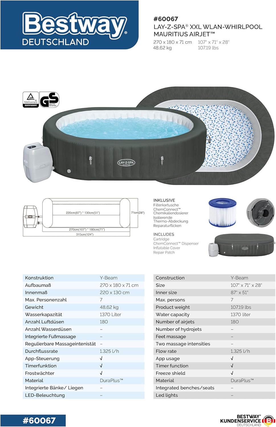 Bestway® LAY-Z-SPA XXL WLAN Whirlpool Mauritius AirJet 270 x 180 x 71 cm Oval