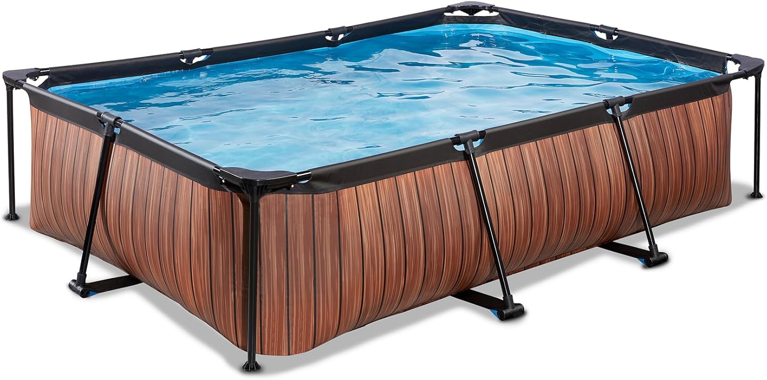 EXIT TOYS Piscine en Bois - 300 x 200 x 65 cm - Rectangulaire et compacte - avec Pompe à Filtre à Cartouche - Facile d'accès - Convient pour Les Tout-Petits - Cadre Solide - Design Unique - Marron