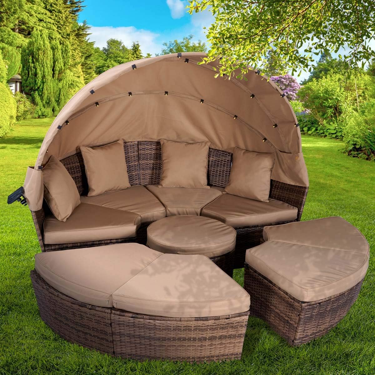 Brast Round Garden Sofa, Braided Polyrattan, in Grey, Black or Brown, 210 cm, with LED Lighting and Cover, Canopy, Foldable, Height-Adjustable, Garden Lounger