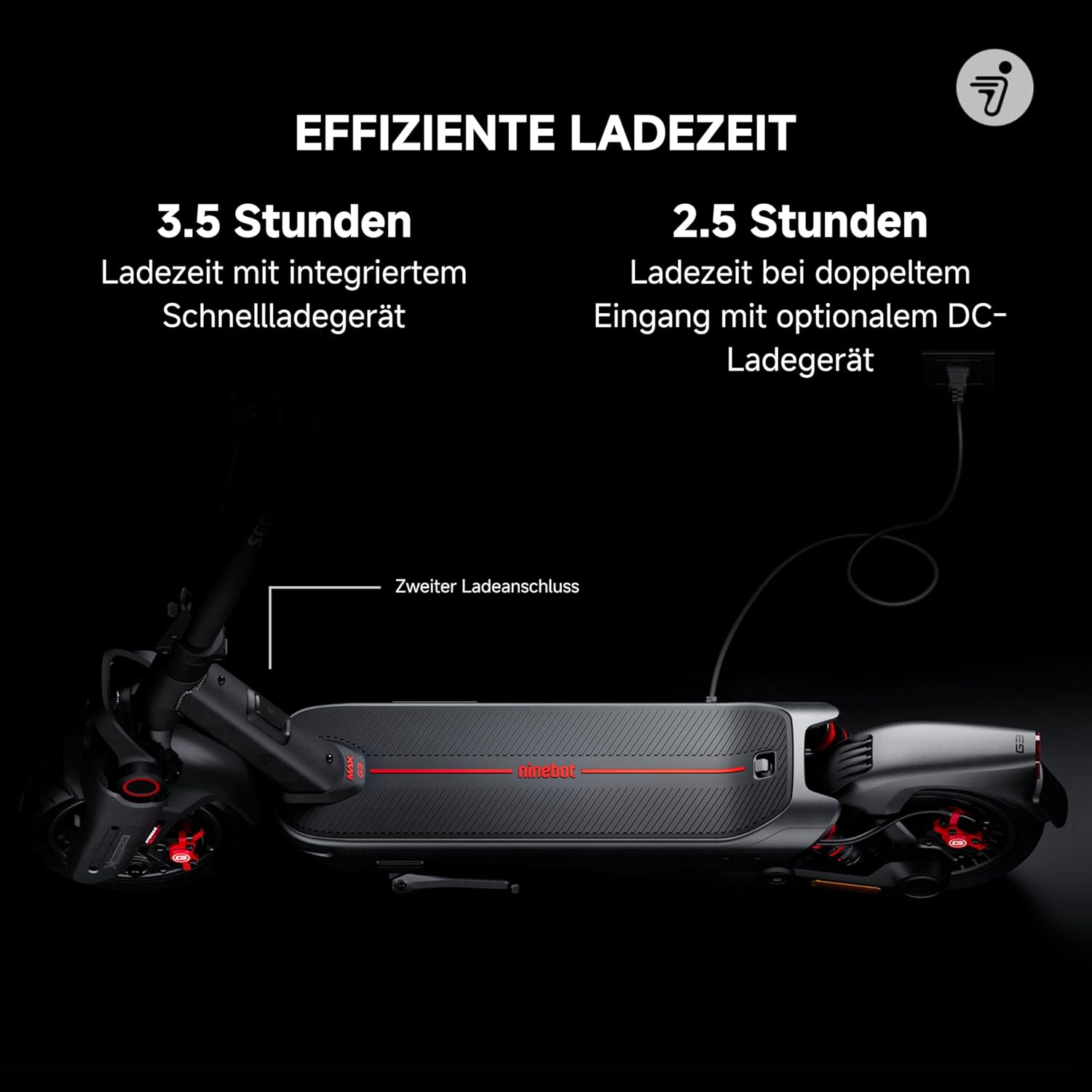 Segway-Ninebot MAX G3 D E-Scooter with Road Legal, 80 km Eco Mode Range, Eco Mode, 75 km at 20 km/h, Charging Time 3.5 h, 130 kg Load Capacity, Double Hydraulic Suspension, Smart Display