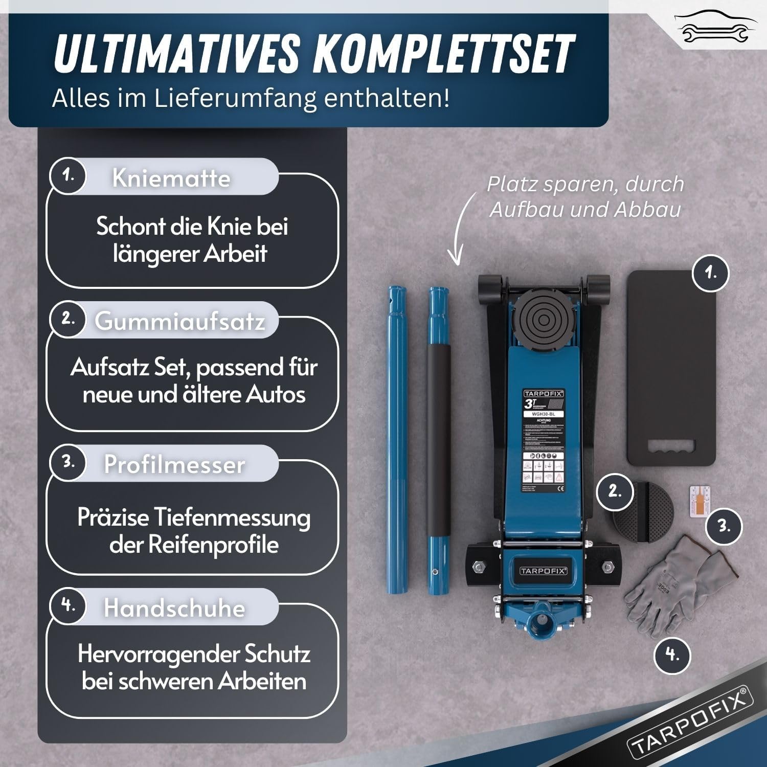 Tarpofix® Hydraulic Car Jack 3t (75-505mm Lifting Height) | Premium Trolley Jack with Double Cylinder | Flat Hydraulic for SUVs & Lowered Cars