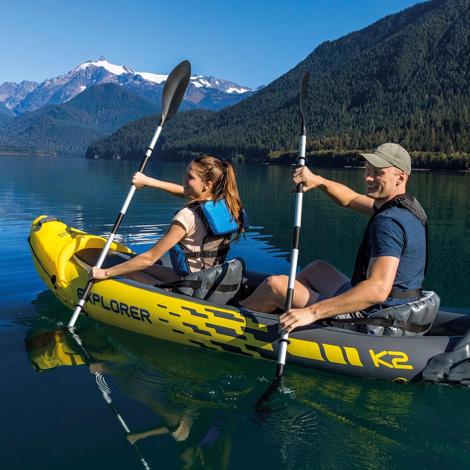 Intex Explorer K2 Kayak, 2-Person Inflatable Kayak Set with Aluminium Oars and High Output Air Pump