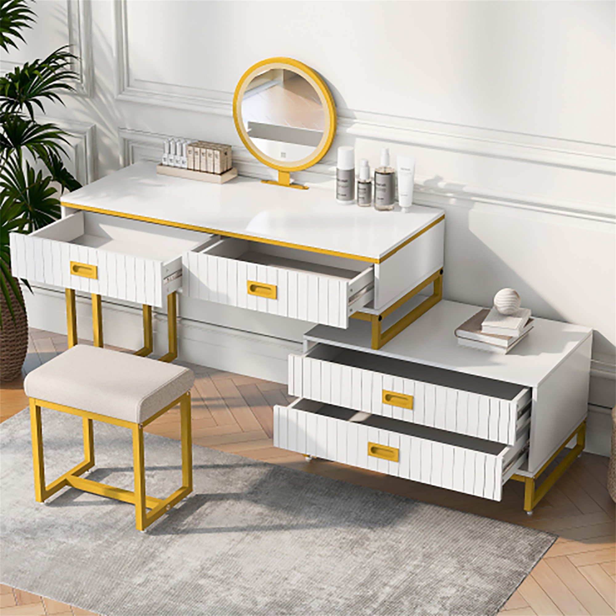 Kadyn Modern Style Vanity Table With Movable Side Cabinet And 4-Drawers, Large Size Dressing Table With Mirror and 3-colors LED Light, Makeup Table With Stool, White, Golden Legs