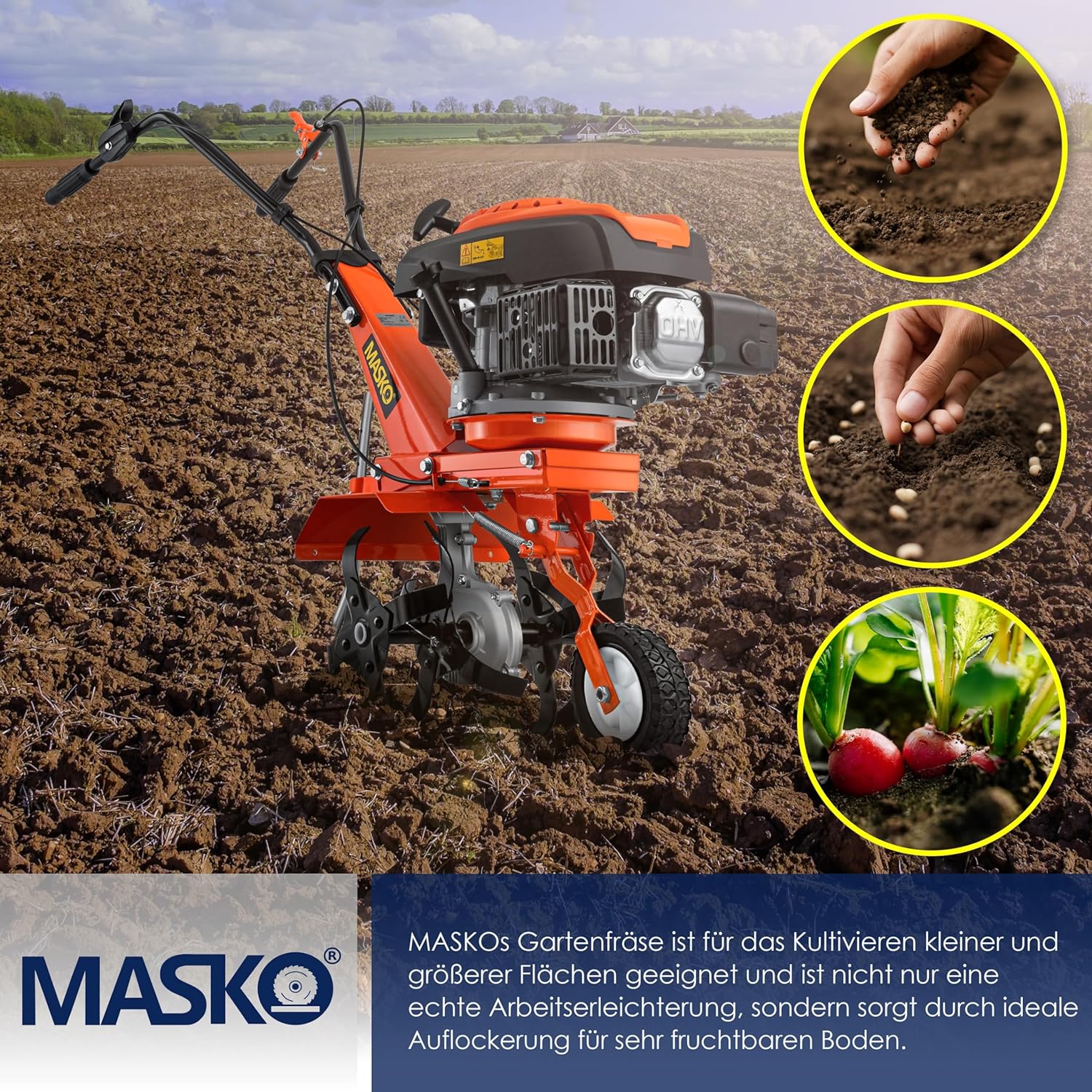 MASKO Petrol Tiller MK-909 Tiller 3 KW (4.1 HP) 139 cm³ with Working Width of 36 cm – 4-Stroke Engine – 16 Hard Blades – Tiller – Cultivator – Tiller – Tiller –