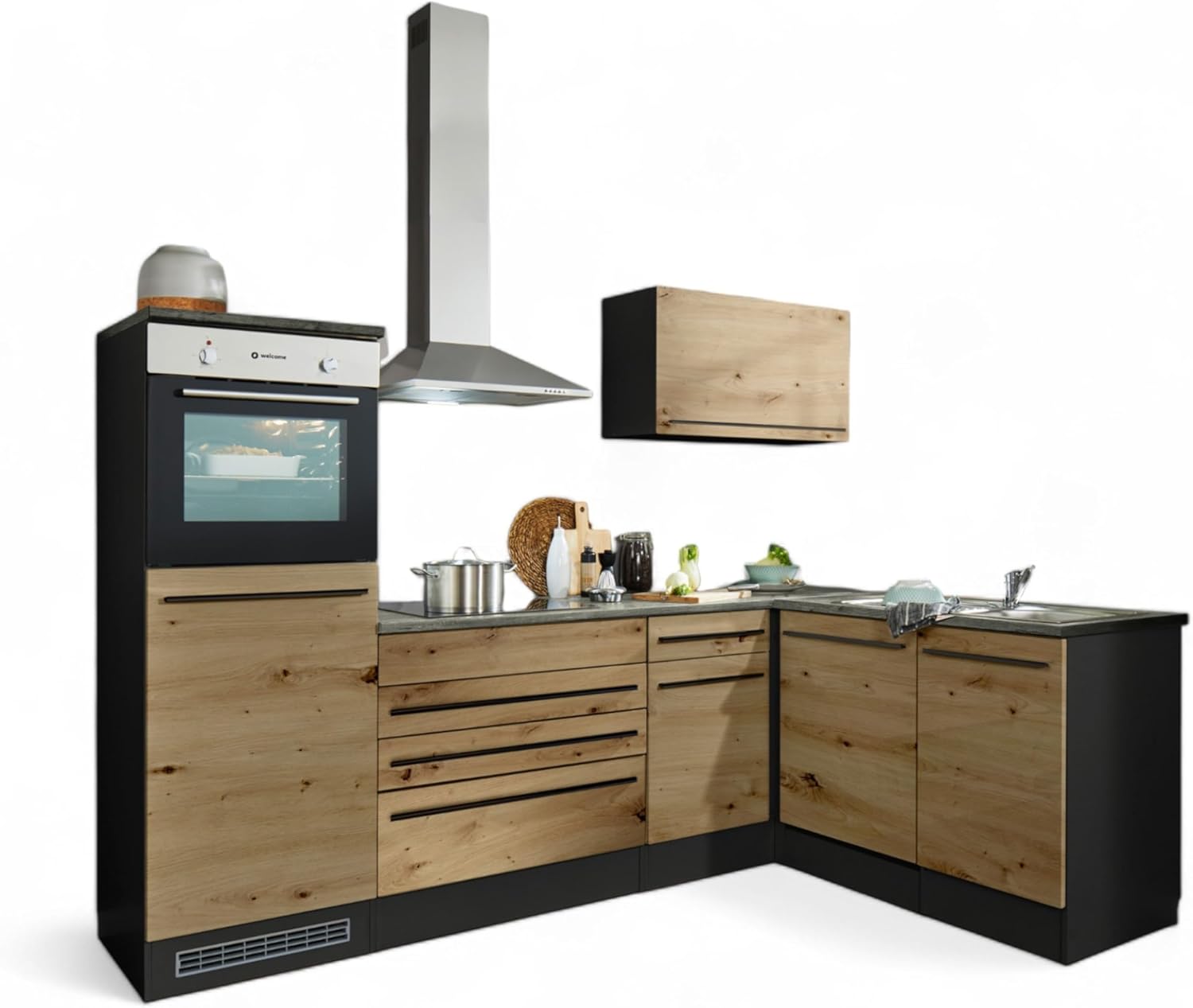 Jazz 6 Modern Kitchen Unit with Electrical Appliances in Anthracite, Artisan Oak Look, Spacious Fitted Kitchen with Lots of Storage Space, 260 x 200 x 60 cm (W x H x D)