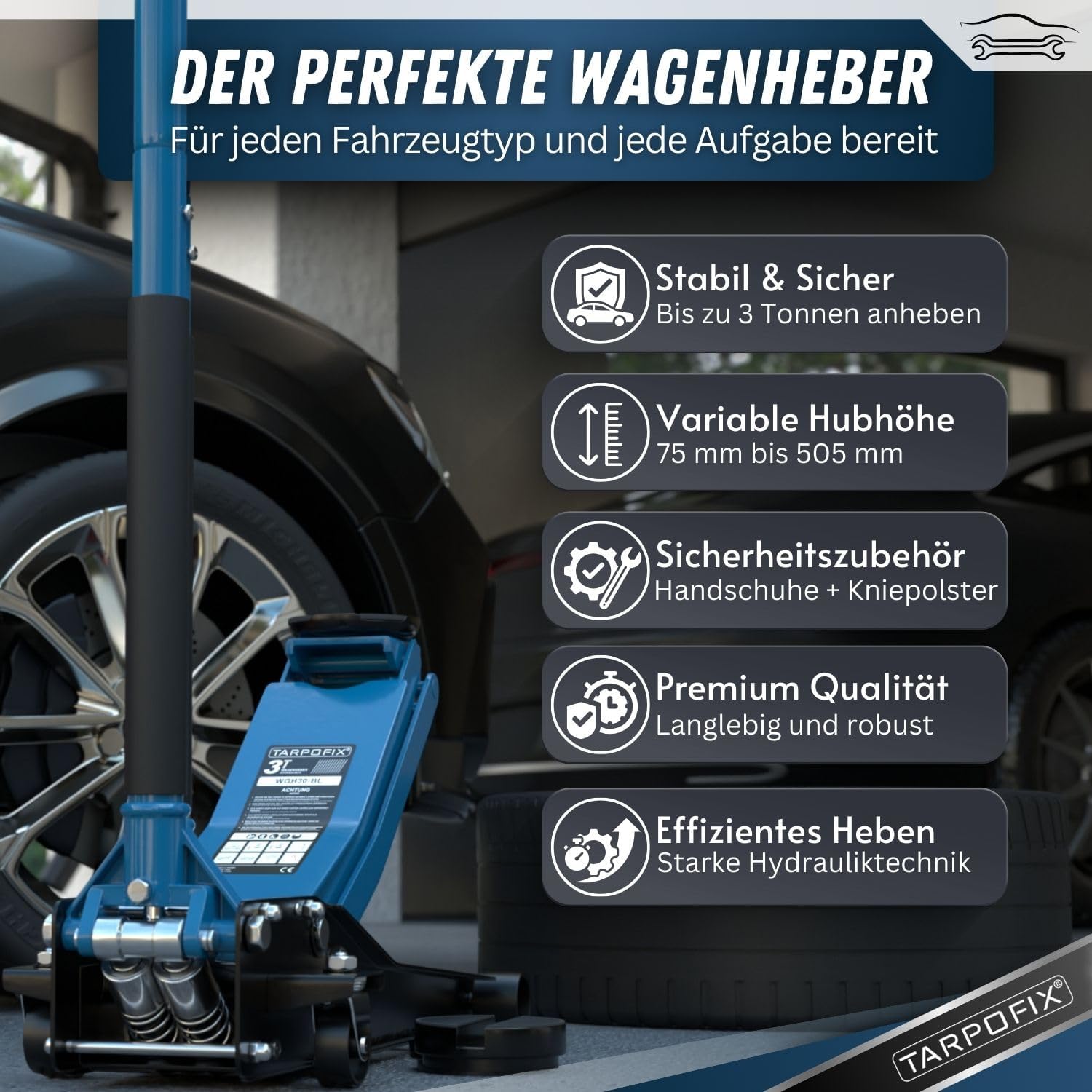 Tarpofix® Hydraulic Car Jack 3t (75-505mm Lifting Height) | Premium Trolley Jack with Double Cylinder | Flat Hydraulic for SUVs & Lowered Cars