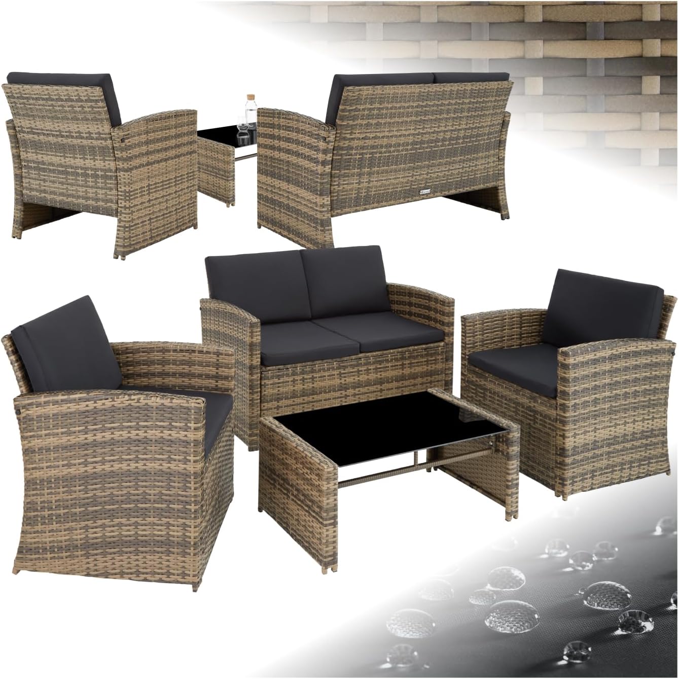 tectake Lounge Garden Furniture Set, Poly Rattan for the Garden, Furniture for the Balcony, 12-Piece Garden Lounge (Weatherproof), Dining Set with Outdoor Sofa, Armchair and Table for 4 People