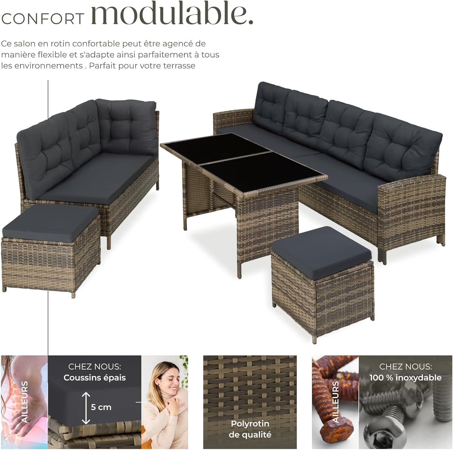 TecTake Salon de Jardin en Rotin Modulable