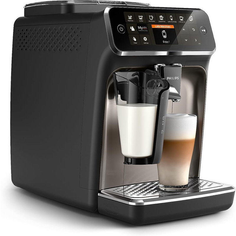 Philips 4300 Series fully automatic espresso machine - LatteGo milk frother, 8 coffee varieties, intuitive touch display, black
