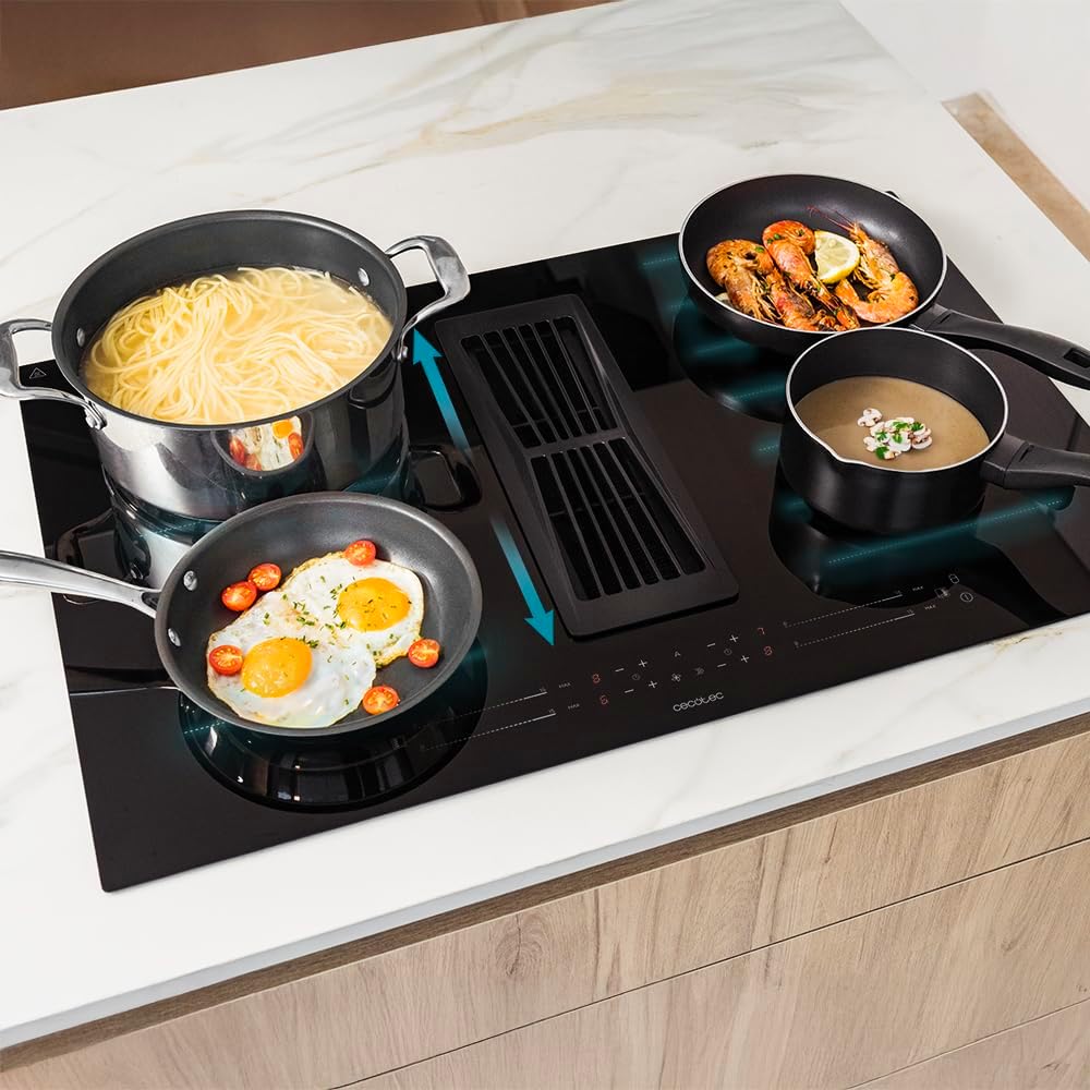 Cecotec Piano cottura a induzione Bolero Squad IH 4800 TotalFlex80. cappa aspirante integrata, 15 livelli di potenza, 7400 W, timer, forza di aspirazione 630 m3/h, tattile, blocco di sicurezza [Classe di efficienza energetica A]