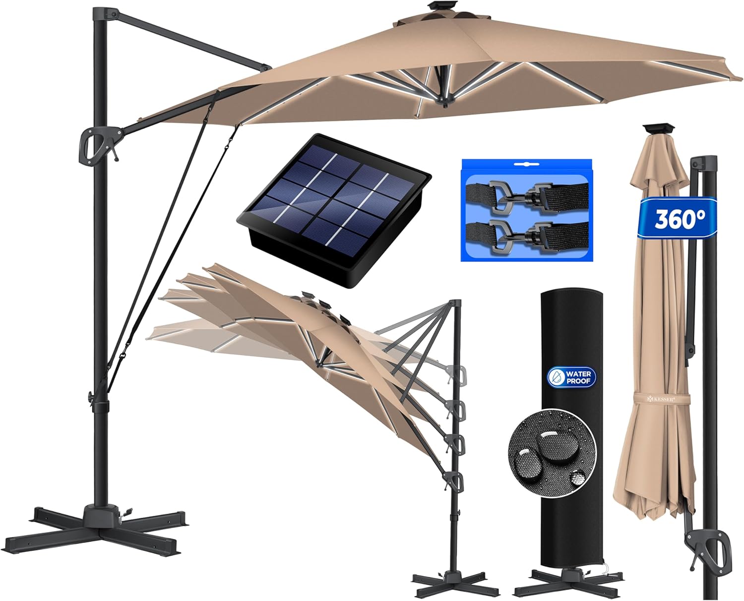 KESSER® Sun Parasol Round XL Diameter 330 cm Includes Cover + Wind Protection 7-Way Adjustable Tilting Large 360° Rotatable Garden Umbrella with Crank Sun Protection UV50+ Anthracite