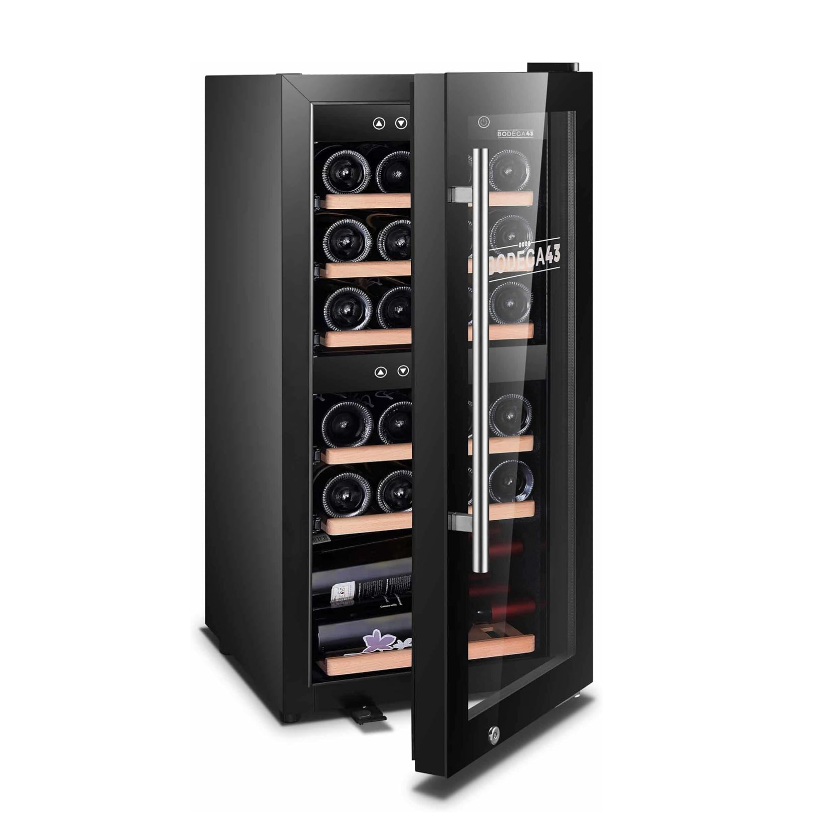 24 Wine Fridge - Wine Fridge 2 Zones, 5-20 ºC, 80 Litres, 24 Bottles, 6 Shelves, Full Glass Design Door with Touch Panel, Low Noise (43 dB) & Very Low Vibration, Black [Energy Class G]