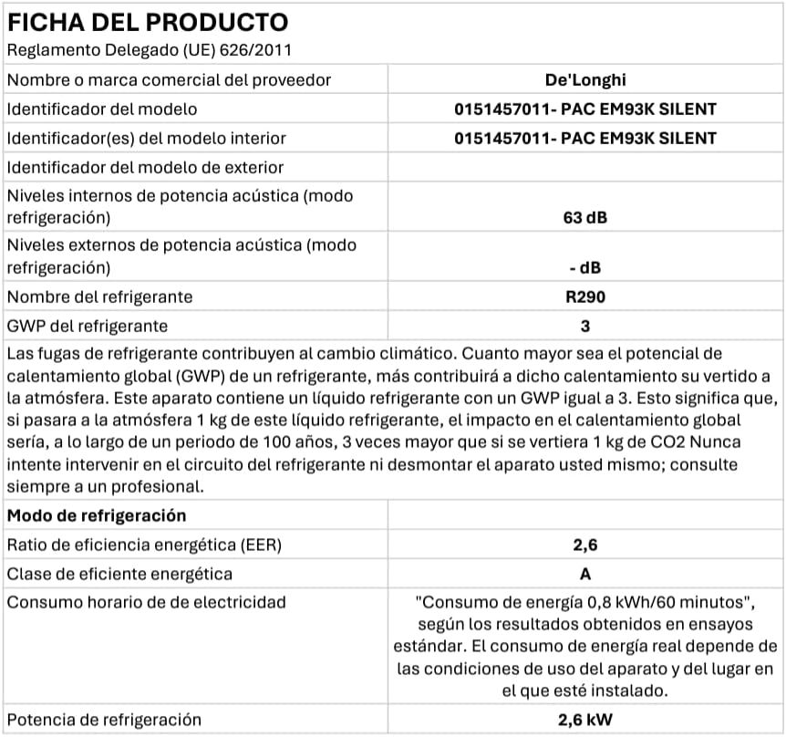 De'Longhi EM Series Pinguino Pac EM93K Silent, Aire Acondicionado Portátil Silencioso, 10.500 BTU/h, 90m3, 2.6 kW, 3 Velocidades, Gas R290, 1105 W, 90 Cubic_Feet, 63 Decibeles, White [Clase de eficiencia energética A]