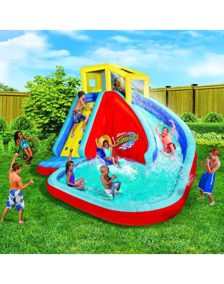 Banzai Sidewinder Falls 15 Foot Inflatable Waterpark Water Slide Spring Summer Inflatable Air Backyard Backyard Pool Spray Splash Bounce Toy