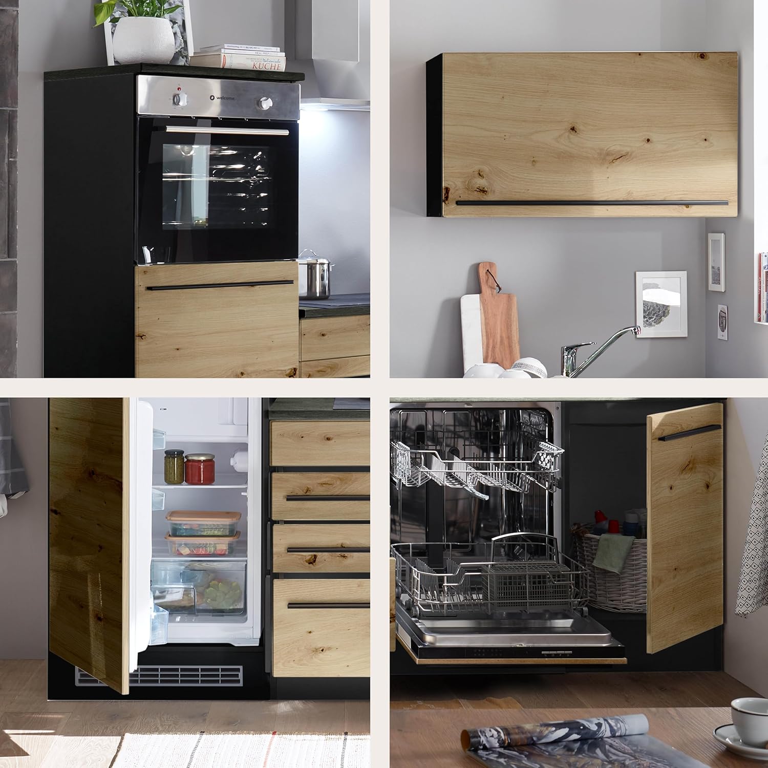 Jazz 6 Modern Kitchen Unit with Electrical Appliances in Anthracite, Artisan Oak Look, Spacious Fitted Kitchen with Lots of Storage Space, 260 x 200 x 60 cm (W x H x D)