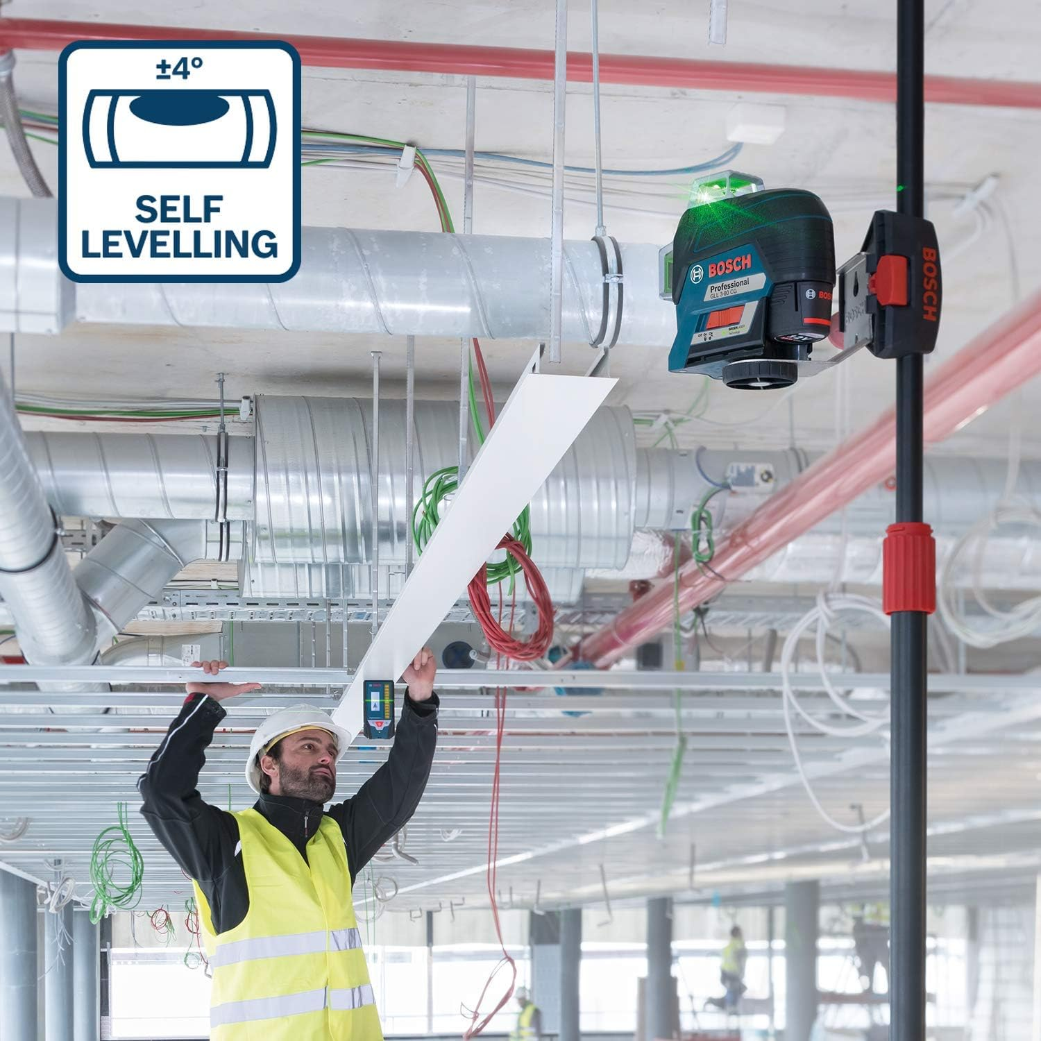 Bosch Professional 12V Line Laser System GLL 3-80 CG (2 x 12 V batteries, charger, green laser, with dedicated mobile app, support, range: up to 30 m, in L-BOXX)