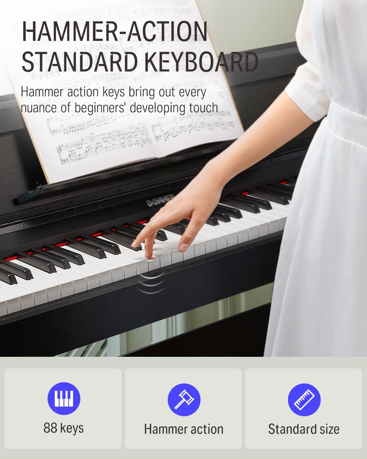 Donner DDP-60 88 Keys Digital Piano for Beginners, Electric Keyboard with Velocity Keys, 128 Voices, 83 Rhythms, 8 Reverb Effects, 5 Strength Curves, Auto Chord