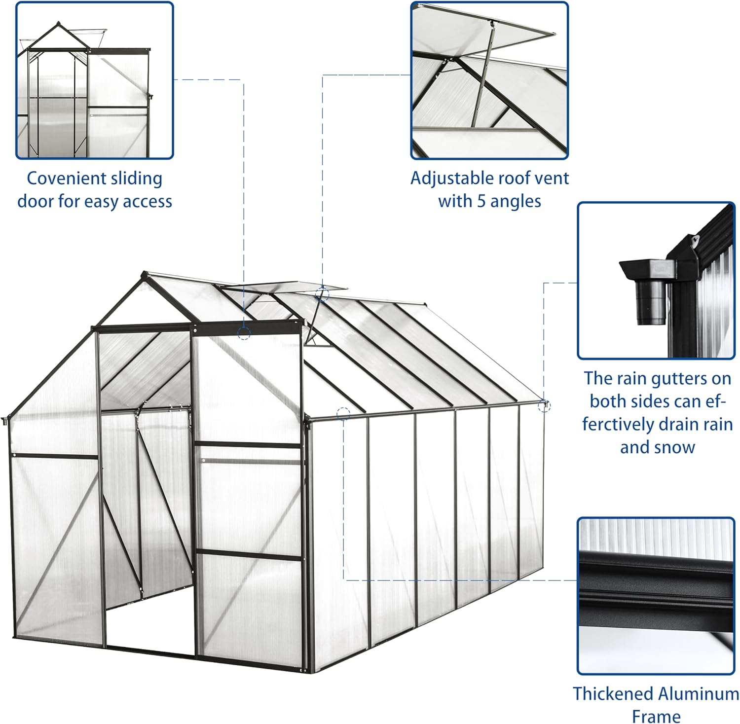 Heavy Duty Aluminum Walk-in Greenhouses w/ Raised Base for Outdoor Garden Backyard,Black