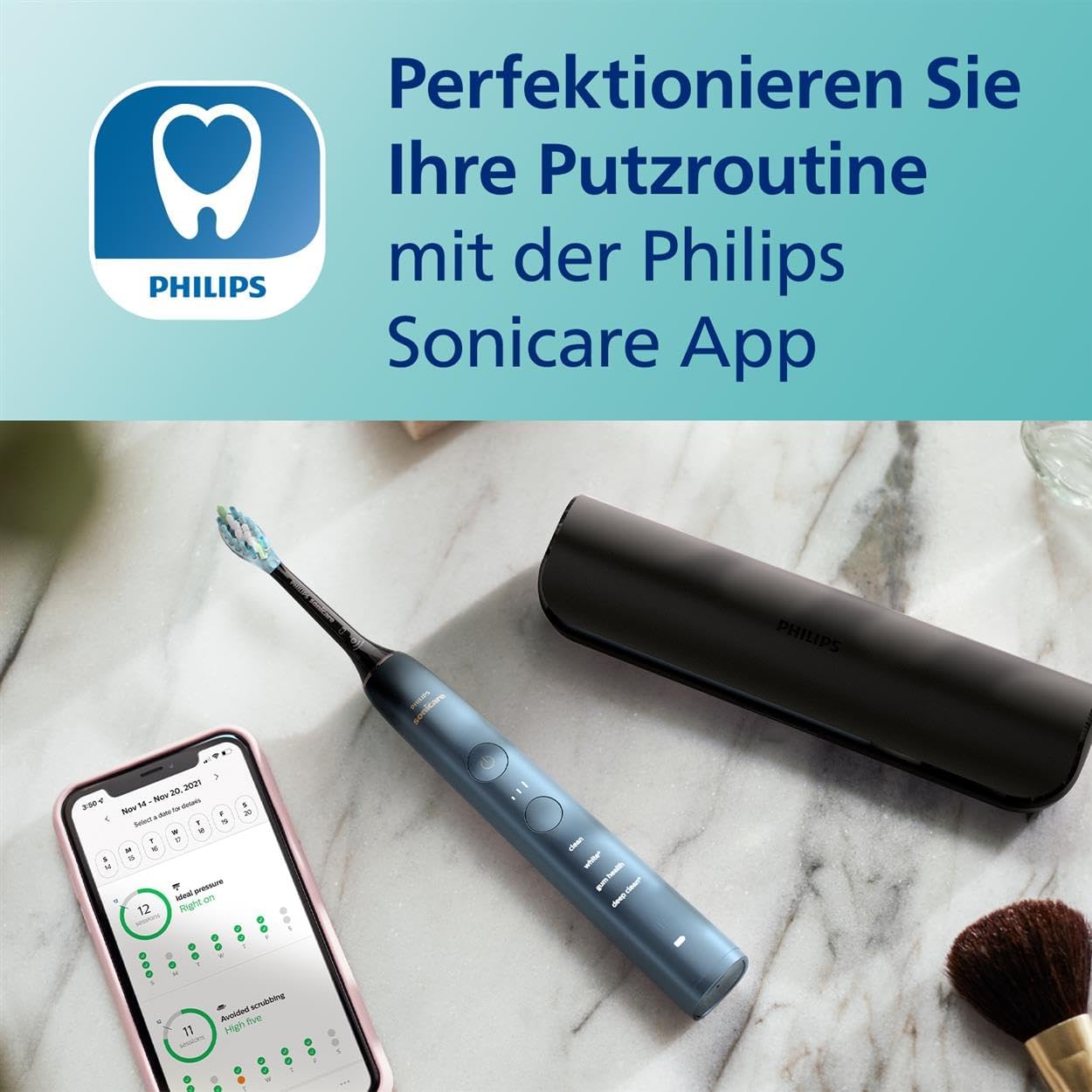 Philips Sonicare DiamondClean elektrische Zahnbürste der 9000er Serie – Schallzahnbürste, sauberere Zähne und Mundpflege mit 4x C3 Premium Plaque Defense-Bürstenköpfen, Aquamarine (Modell HX9911/89)