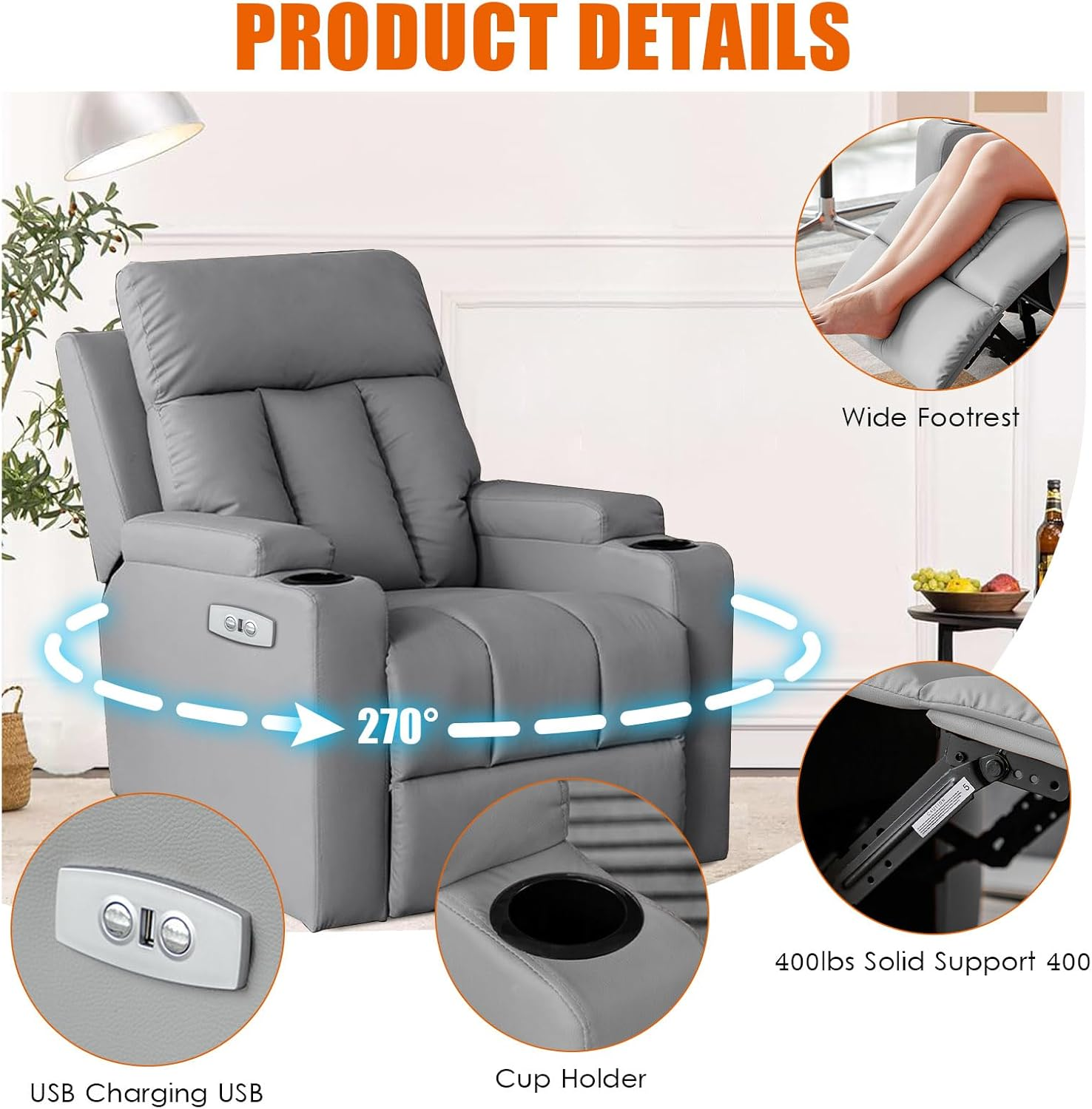 Recliner Chair for Adults, Faux Leather Reclining Chairs with Cup Holder and USB Charging, Single Lazyboy Recliner Sofa for Living Room, RV, Bedroom