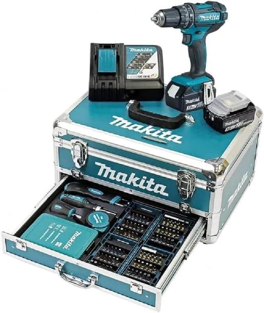 Makita DHP482RFX9 Akku-Schlagbohrschrauber 18V / 3,0 Ah, 2 Akkus + Ladegerät im Alukoffer + 96-tlg. Zubehör-Set & DMR112 Akku-Baustellenradio 7,2 V - 18 V mit DAB+ und Bluetooth, türkis