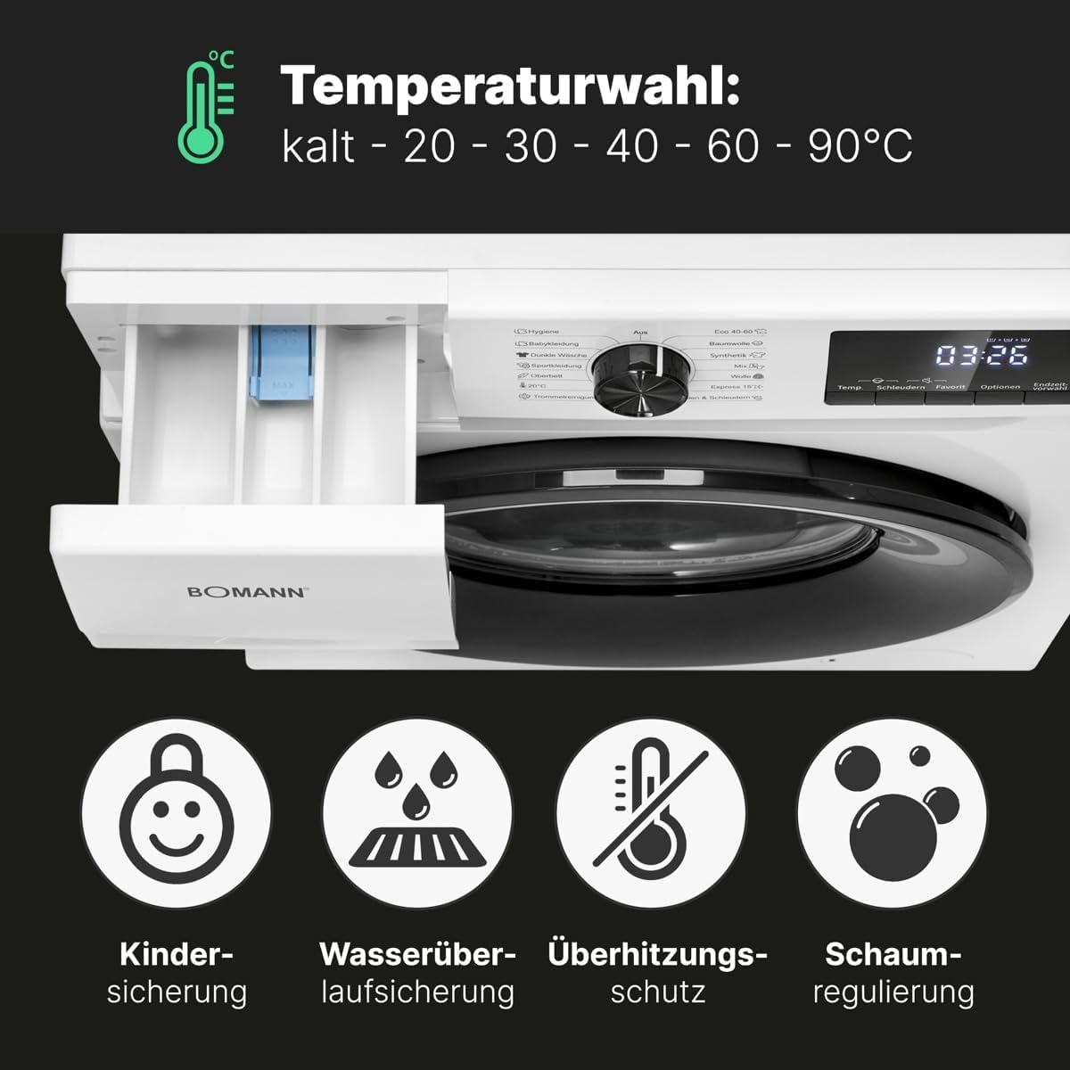 Bomann® Waschmaschine 7kg | max. 1400 U/min | 10 Jahre Motor-Garantie | effizienter, leiser & langlebiger Invertermotor | 15 Programme | Endzeitvorwahl | LED-Display | Washing Machine | WA 7175 weiß [Energieklasse A]