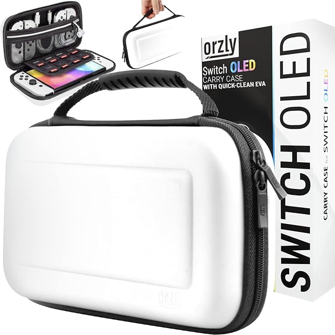 Orzly Carrying Case for Nintendo Switch OLED Console White with Storage Compartment for Accessories and Games - Easy to Clean Case with Gift Box Edition