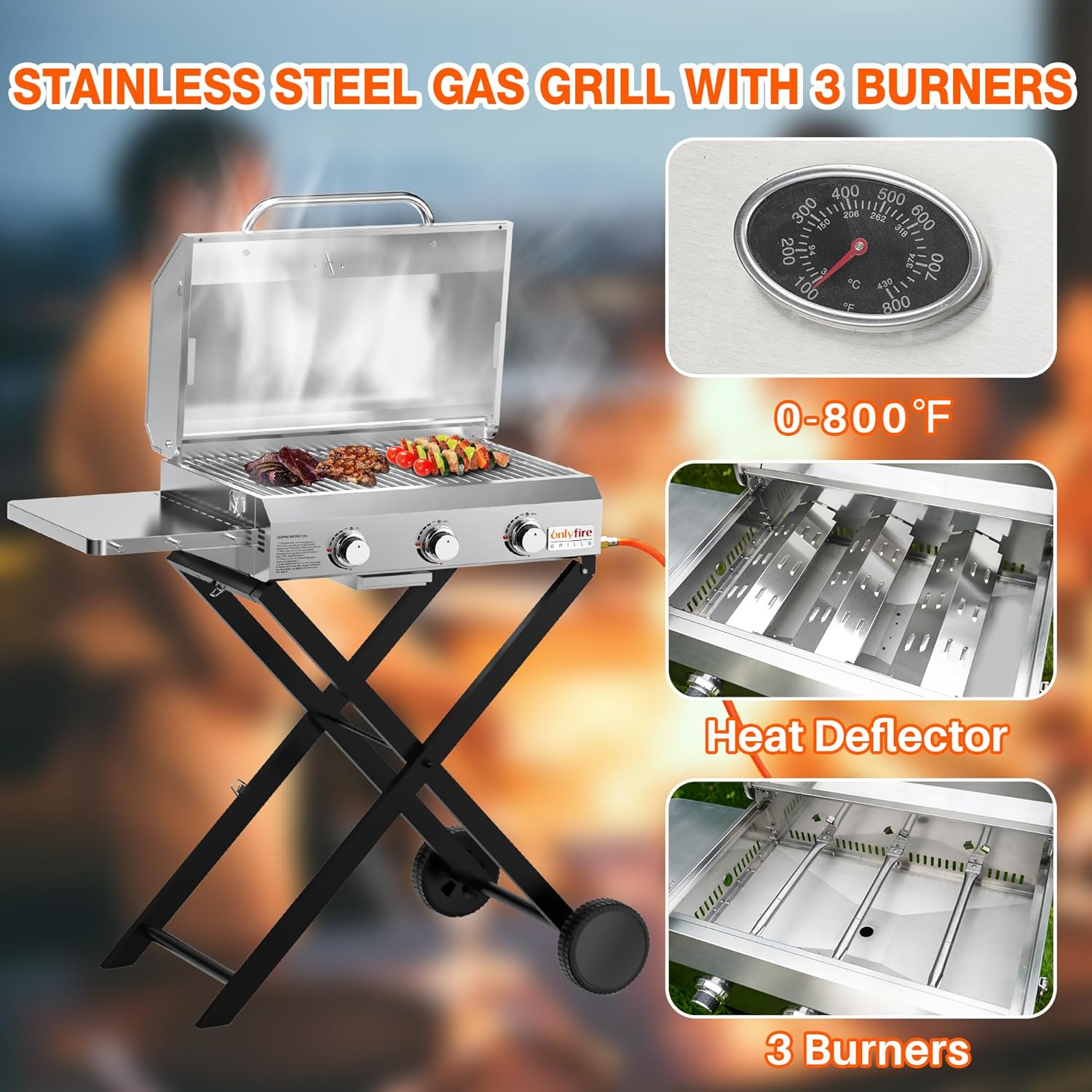 Onlyfire 3 Burner Gas Grill Trolley BBQ Gas Grill with Grill Grate 7 kW Grill Surface 56.5 x 34 cm with Side Tables, Foldable Trolley Wheels, Thermometer for Outdoor Camping Balcony Garden