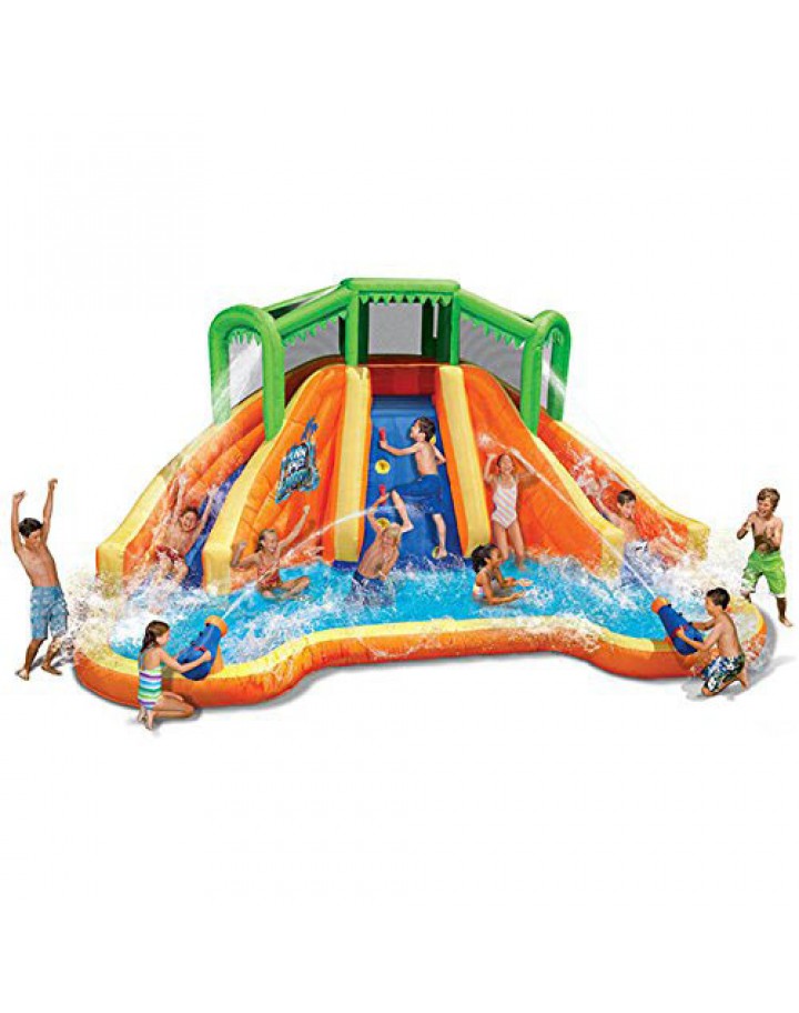 Banzai Twin Falls Lagoon Inflatable Water Slide with Climbing Wall and 2 Cannons