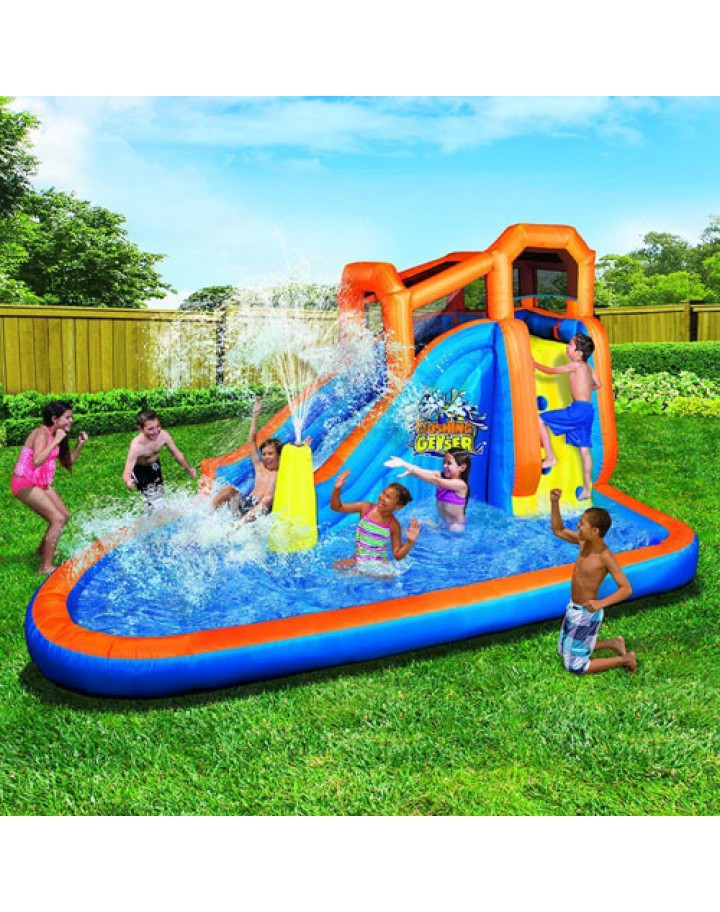 Banzai Gushing Geyser Water Park with 2 Water Blasting Geyser, Super Slick Water Slide, Continuous Airflow Blower Motor and Carrying Bag