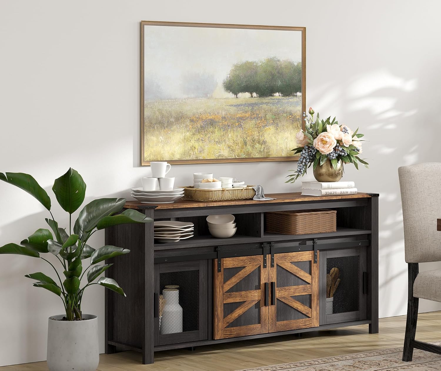 WAMPAT Farmhouse Buffet Cabinet,Rustic Sideboard with Sliding Barn Doors