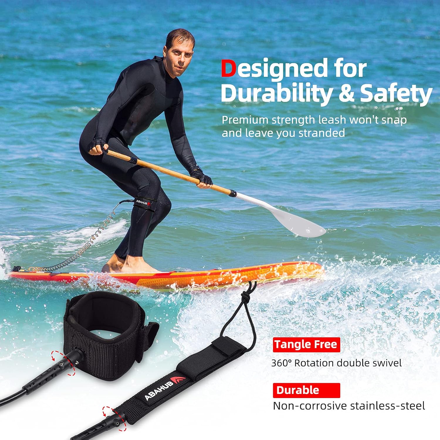 Abahub SUP Leash, Sup Zubehör, Surfboard Leash Board Sup Sicherheitsleine, Schwarz Transparent 10ft 7 mm Leash für Erwachsene