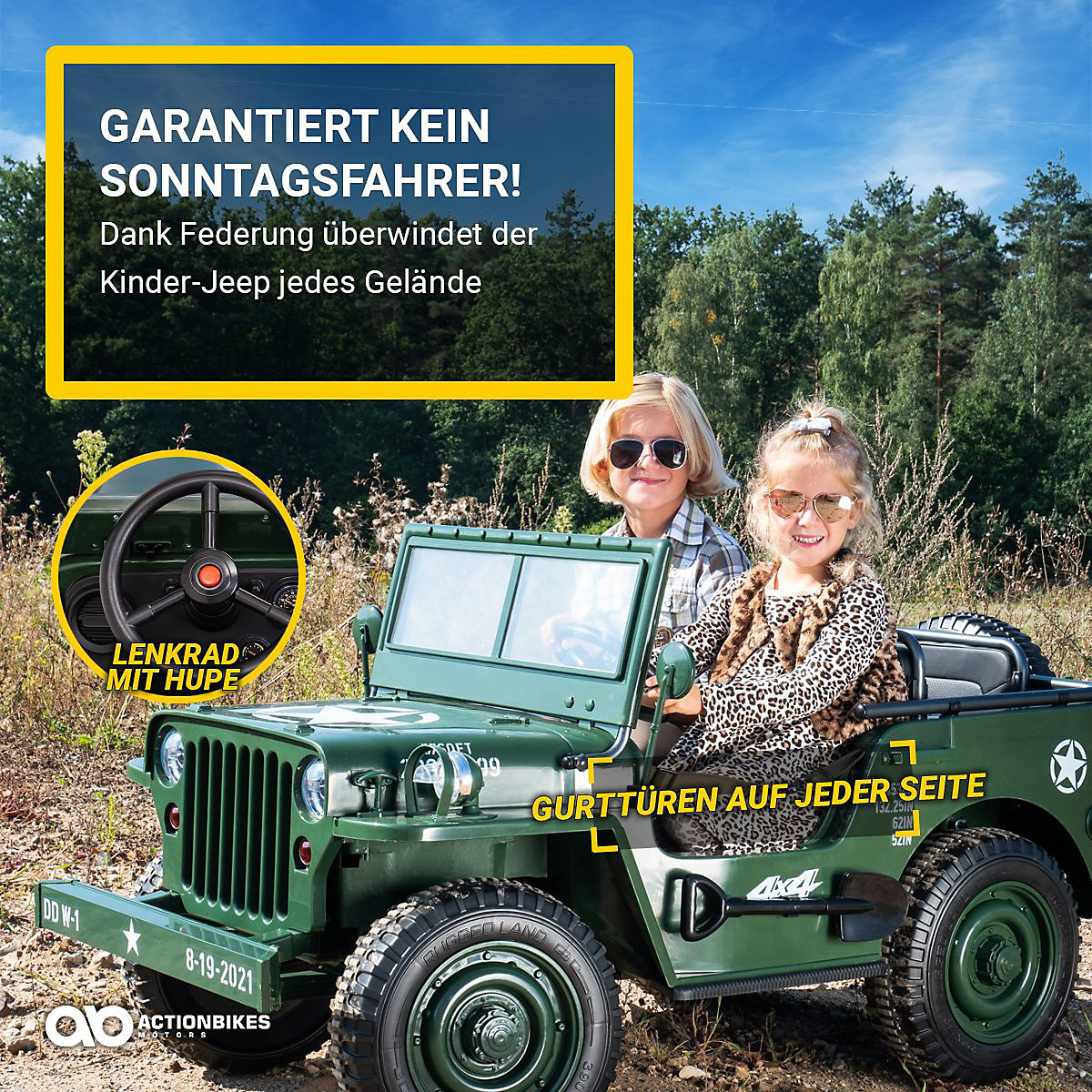 Kinder Elektroauto Jeep Willys - 4x45 Watt - Kinderauto mit Fernbedienung - Soundmodul grün