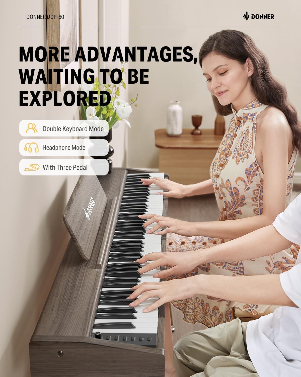 Donner DDP-60 88 Keys Digital Piano for Beginners, Electric Keyboard with Velocity Keys, 128 Voices, 83 Rhythms, 8 Reverb Effects, 5 Strength Curves, Auto Chord