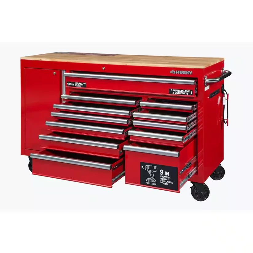 60 In. W X 22 In. D Standard Duty 12-Drawer Mobile Workbench Cabinet with Solid Wood Top in Gloss Red
