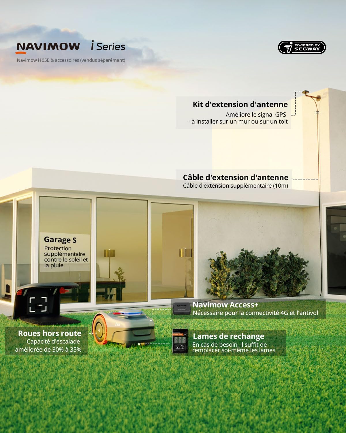 Navimow i105E Robot Tondeuse sans Fil périphérique, Recommandé 500 m², Max. 600 m², RTK+Vision Tondeuse Robot Gazon, IA cartographie Automatique, Limite virtuelle, Gestion multizone