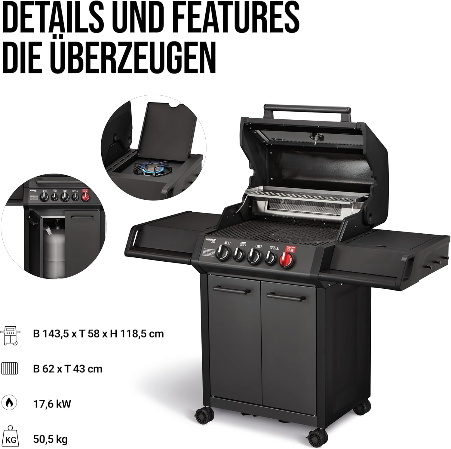 Enders® Gasgrill MONROE PRO 3 SIK TURBO SHADOW, 3-Brenner, Infrarot-Backburner, Seitenkocher, PanoVision Sicht, SWITCH GRID™ mit Sear Grate, HEAT RANGE™, 800 °C TURBO ZONE™, SIMPLE CLEAN™ #8381