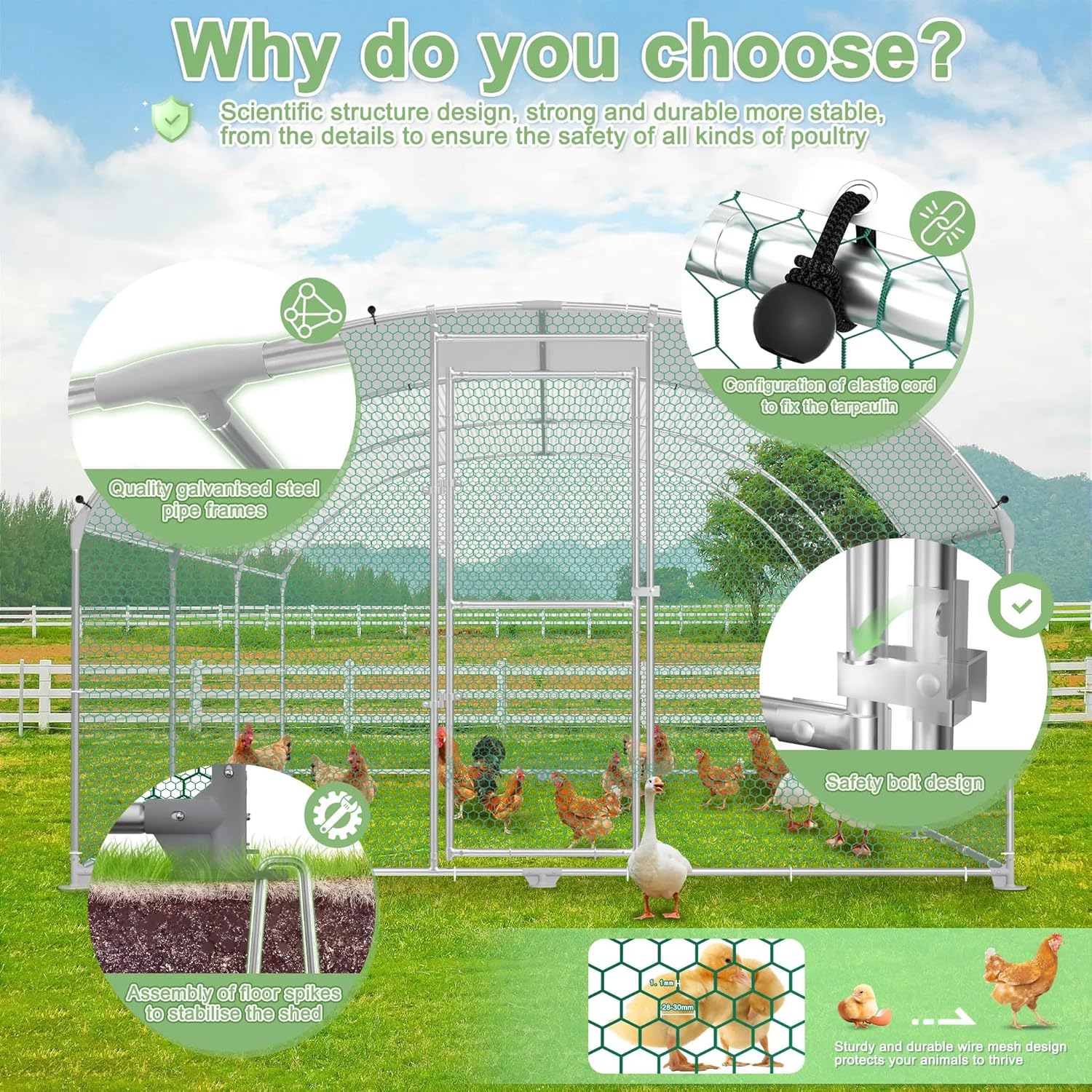 Hühnerstall Metall Freilaufgehege Freigehege, Geflügelstall Kleintiere, Verzinkter Stahlrahmen mit PE Dach, Bogenaufsatz (3x6m)