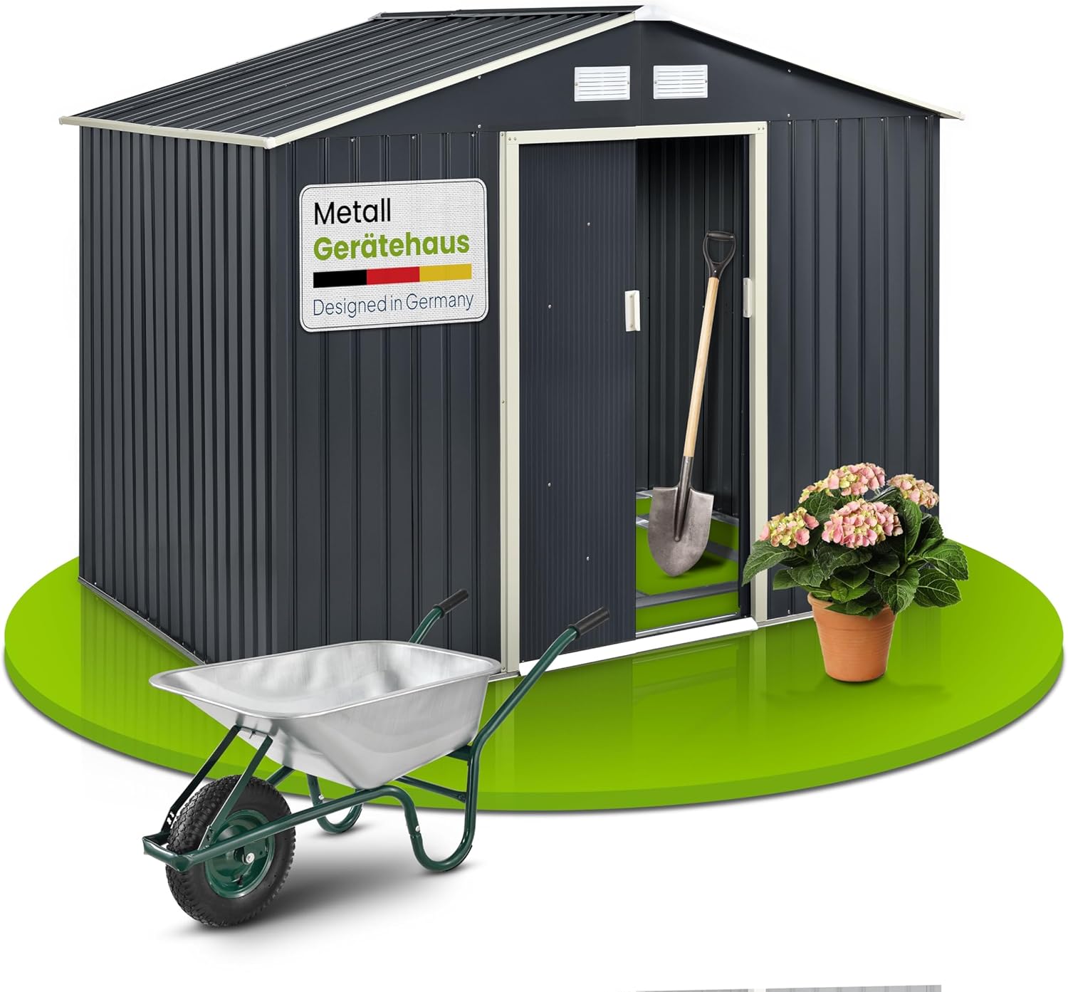Juskys 9m³ Metal Tool Shed with Sloped Roof, Sliding Door and Foundation - 277×191×192cm - Tool Shed Garden Shed Tool Shed