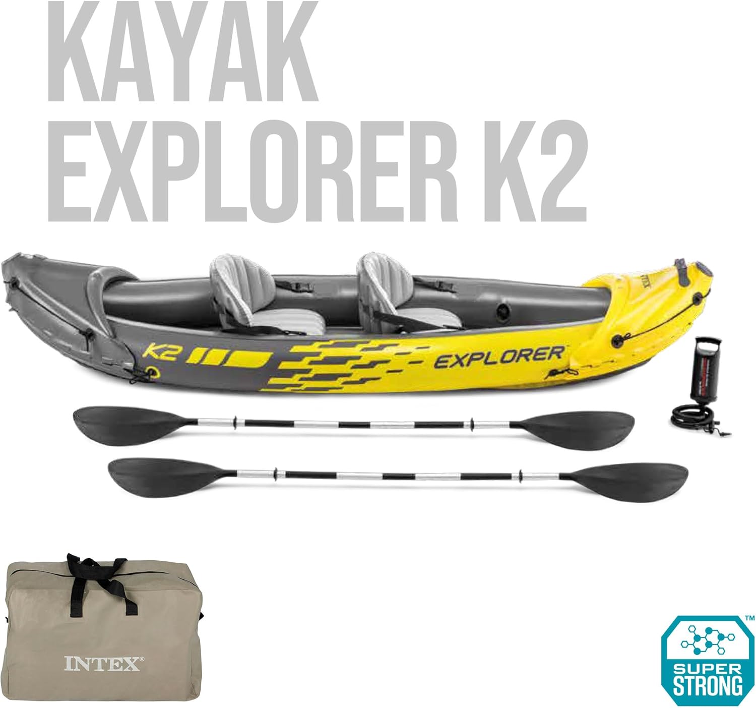 Intex Explorer K2 Kayak, 2-Person Inflatable Kayak Set with Aluminium Oars and High Output Air Pump