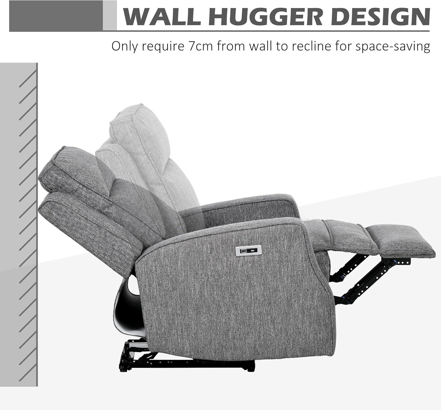 HOMCOM Electric Fabric Recliner Armchair, Reclining Chair with Adjustable Leg Rest, USB Port, for Limited Space Home Living Room, Charcoal Grey