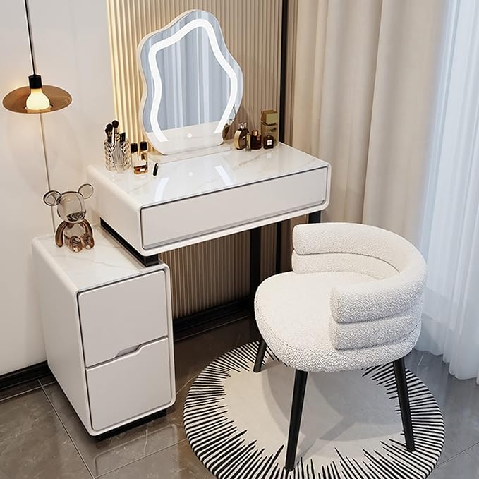 YVYKFZD Makeup Vanity Desk with Lighted Mirror, Dressing Table Set with Cushioned Stool, Modern Vanity Table with 3 Drawers, for Bedroom Small Spaces (Color : Cream White B, Size : 50cm/19.6in)