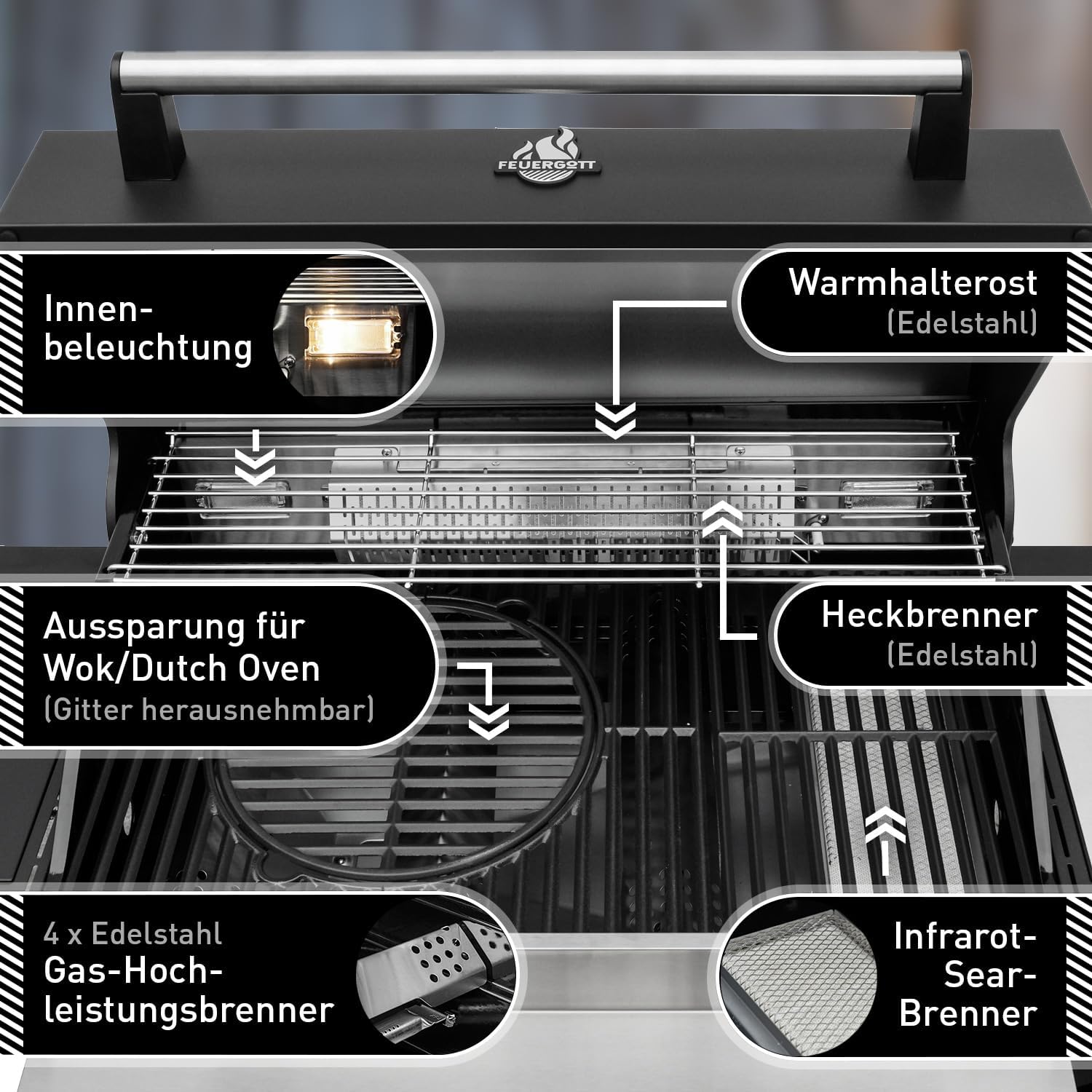 Feuergott Gasgrill Hektor 4B-S Edelstahl Gasgrillstation 4 Brenner, Infrarot Sear-Brenner, Gusseisen-Grillrost, Heckbrenner, Seitenkocher und Kochplatte Inkl. Abdeckhaube für Garten, Terrasse