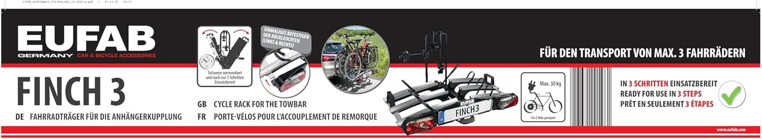 EUFAB 11598 FINCH Bicycle Carrier for 3 Bicycles