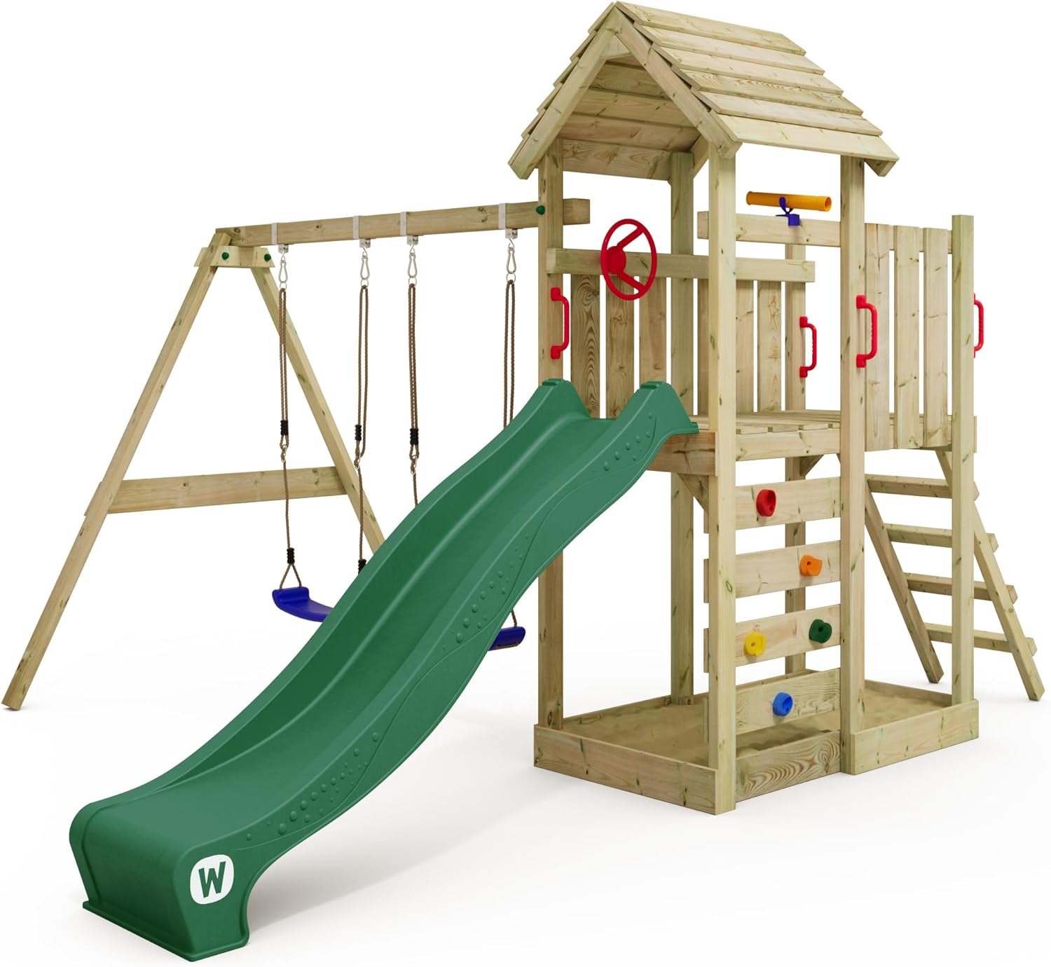 WICKEY MultiFlyer Play Tower Climbing Frame Wooden Roof with Swing and Green Slide, Climbing Tower with Wooden Roof, Sandpit, Ladder and Play Accessories