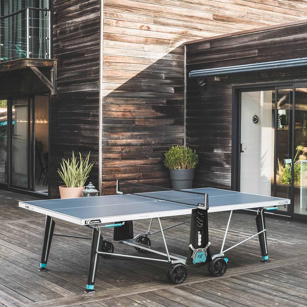 Cornilleau 400X - Outdoor Table Tennis Table - Foldable - Weatherproof - Robust - Rollable - Table Tennis Table for Outdoor Use with 5 mm Melamine Resin Top - Blue or Grey