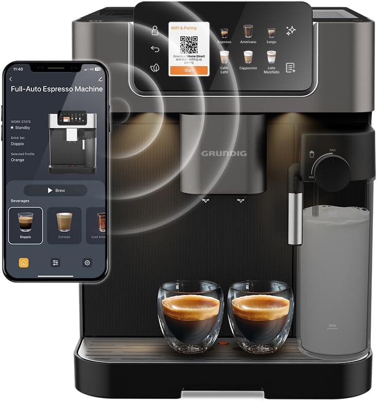 Grundig KVA 8230 Kaffeevollautomat, Kaffeemaschine, 18 Kaffeespezialitäten, 13 Mahlgrade, Milchbehälter, leistungsstark 1350 W, 19 Bar Pumpendruck, Zweifachdüse, Beleuchtung, Schwarz/Dunkelsilber