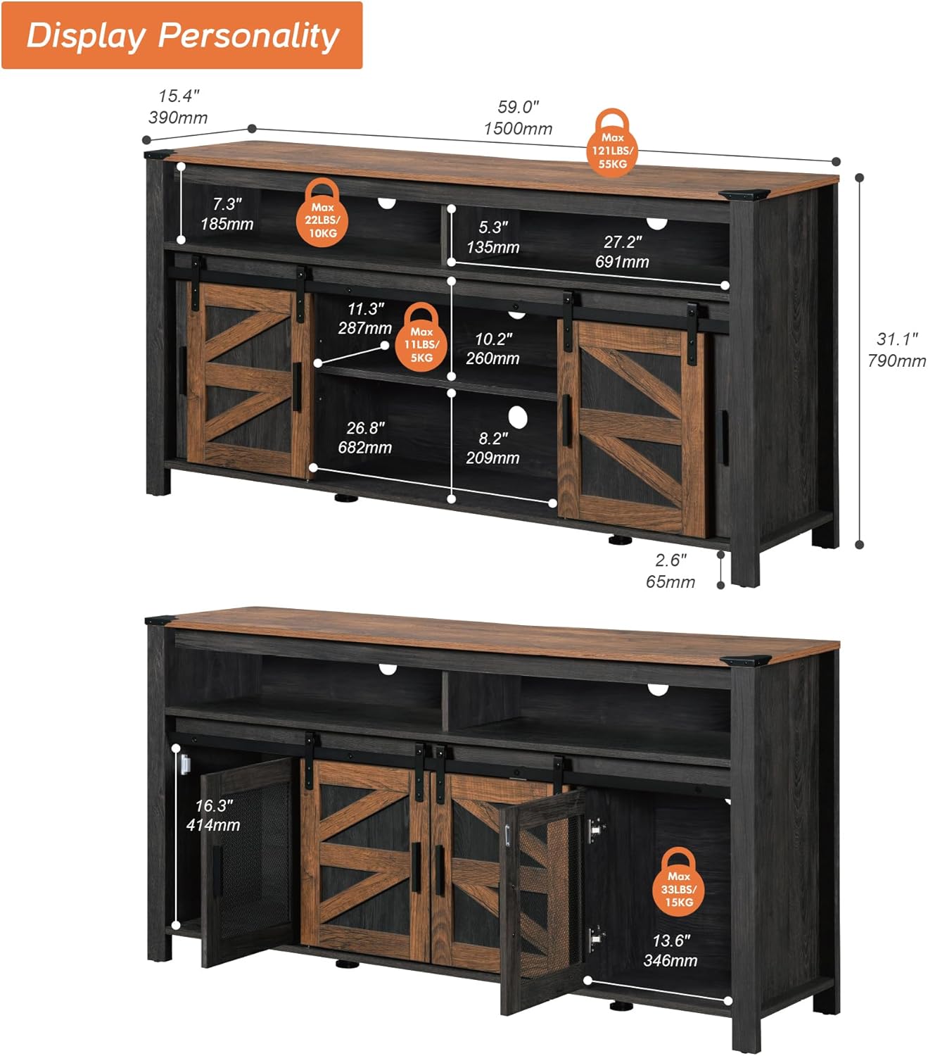 WAMPAT Farmhouse Buffet Cabinet,Rustic Sideboard with Sliding Barn Doors